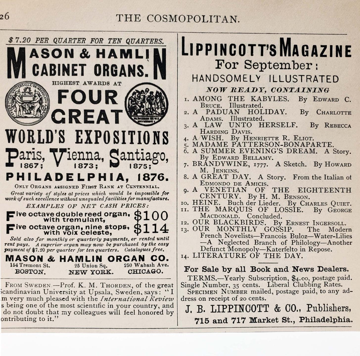 1877 Mason & Hamlin Organ Co World Expositions Paris Vienna Santiago PA Print AD