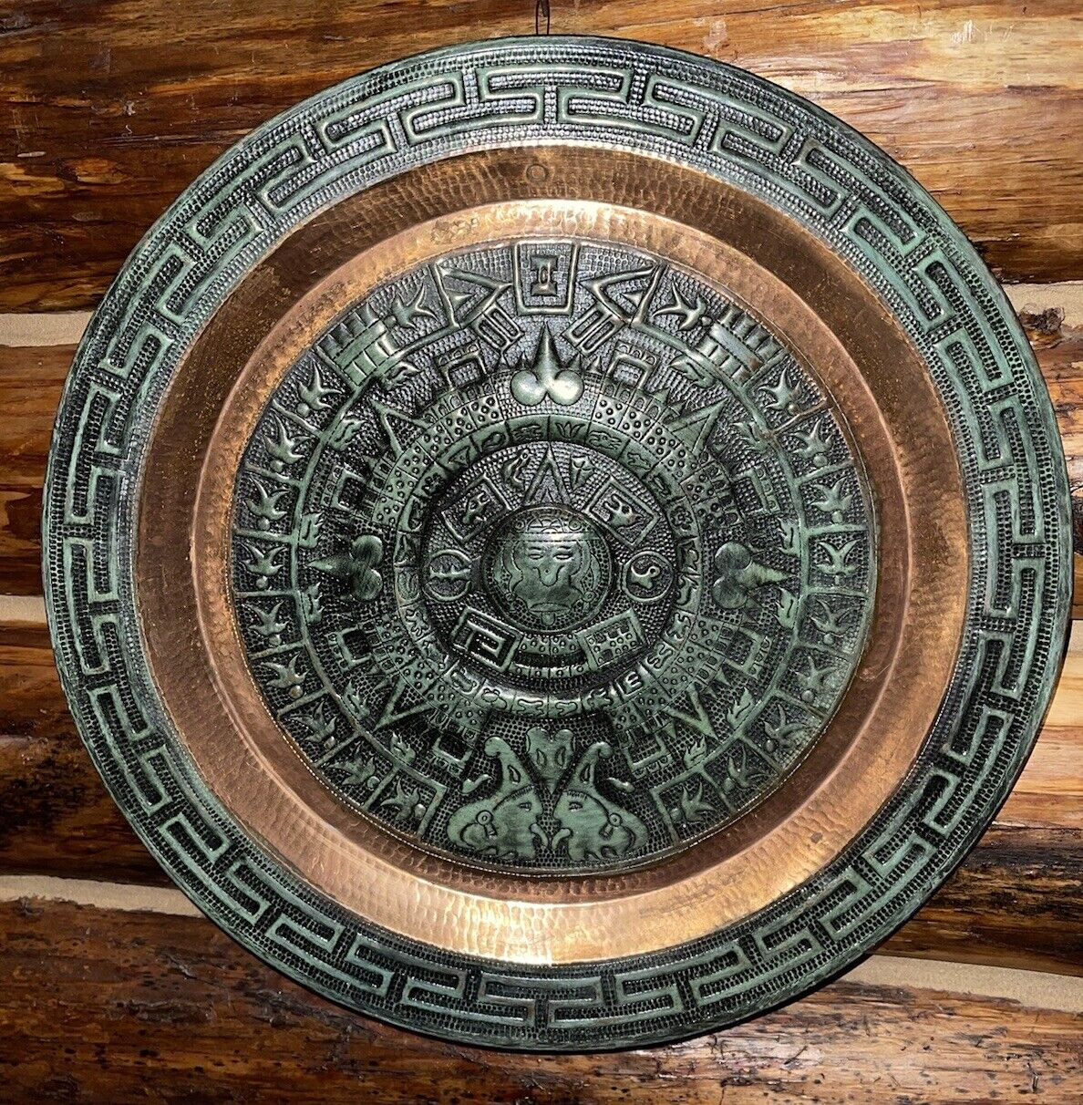 Hammered Copper - Aztec Mayan Sun Calendar - 19” - Large - Rare