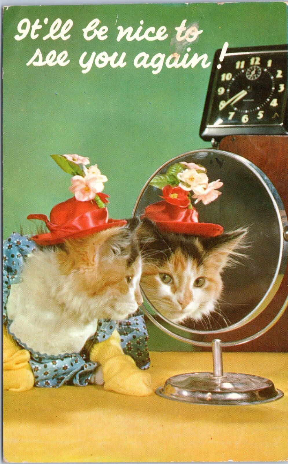 c1950\'s, cat in a hat with a mirror, cute, sweet card, chrome, St Elmo, IL