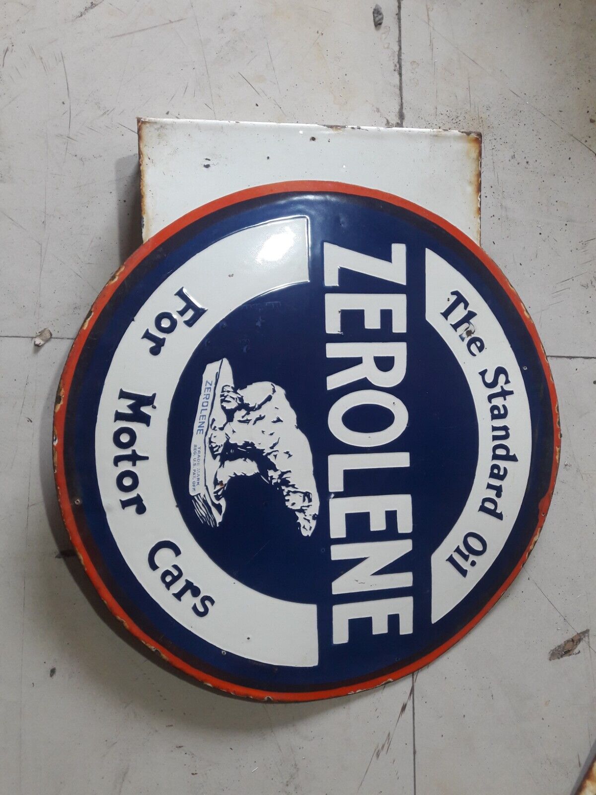 PORCELAIN ZEROLENE ENAMEL SIGN 18 INCHES DOUBLE SIDED WITH FLANGE