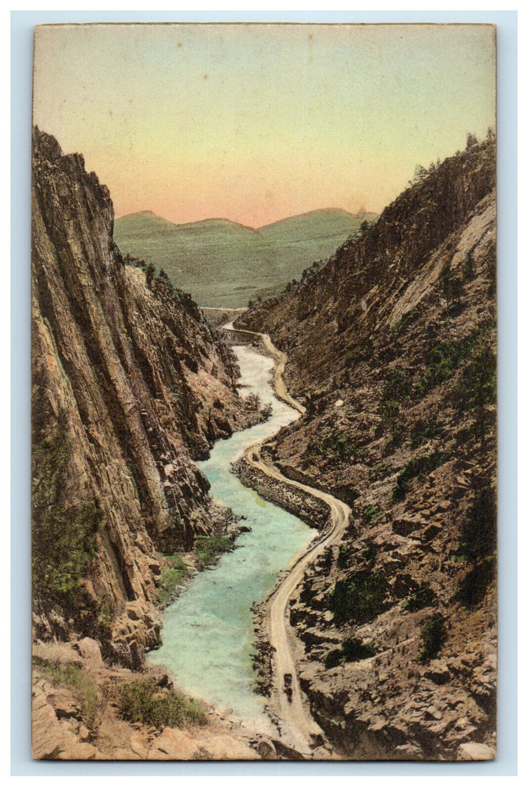 c1920s Thompson Canon on Road to Estes-Rocky Mt. CO Hand-Colored Postcard