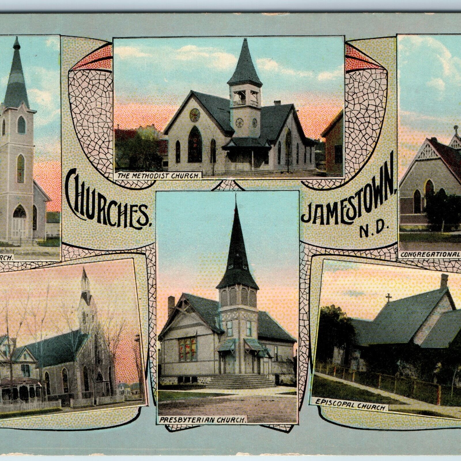 c1910s Jamestown, N.D Multi View x6 Churches Christian Catholic Lutheran ME A198