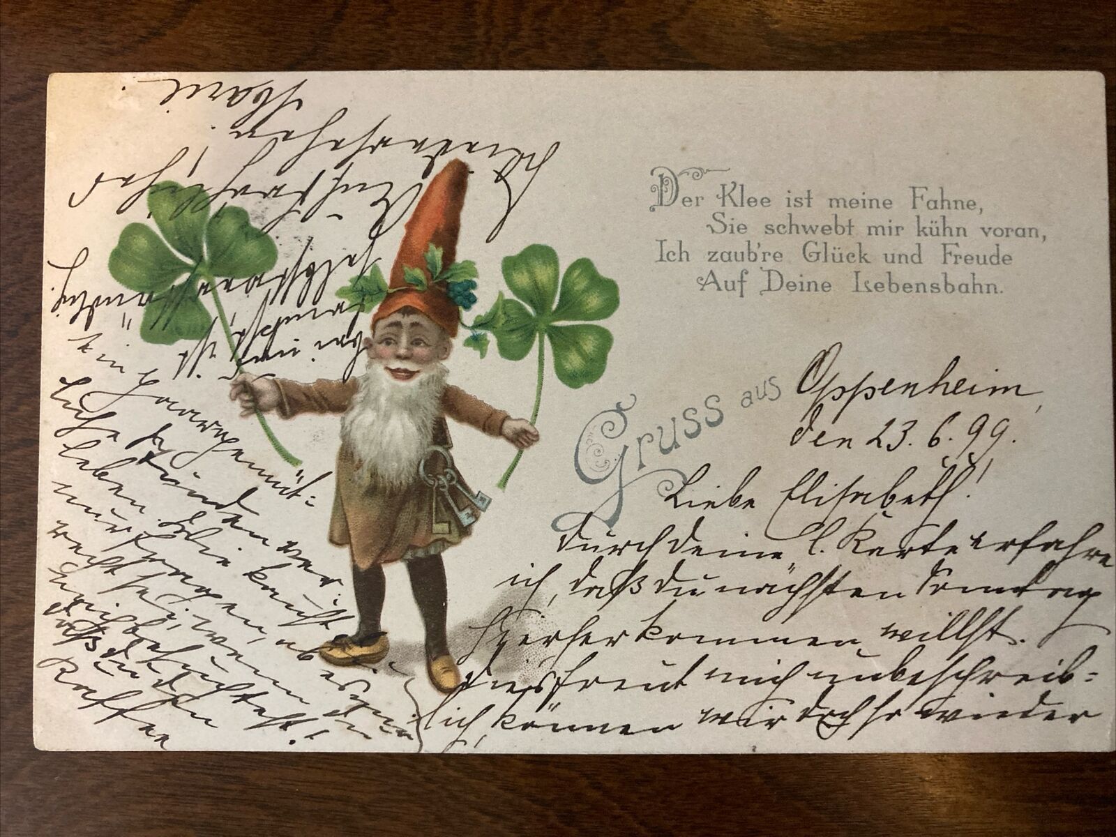 Gnomo Gnome Zwerge w Four Leaf Clover 1899 Germany Postmark Green Stamp