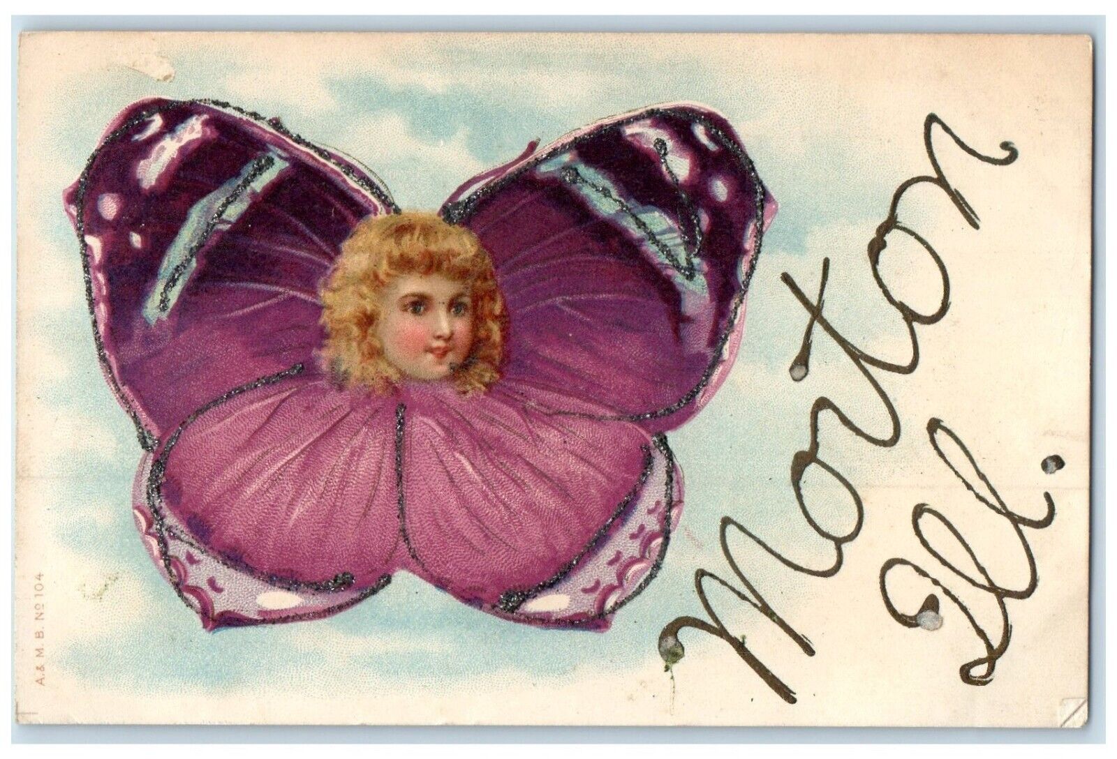 c1910's Big Butterfly Pretty Girl Head Glitter Morton Illinois IL Postcard