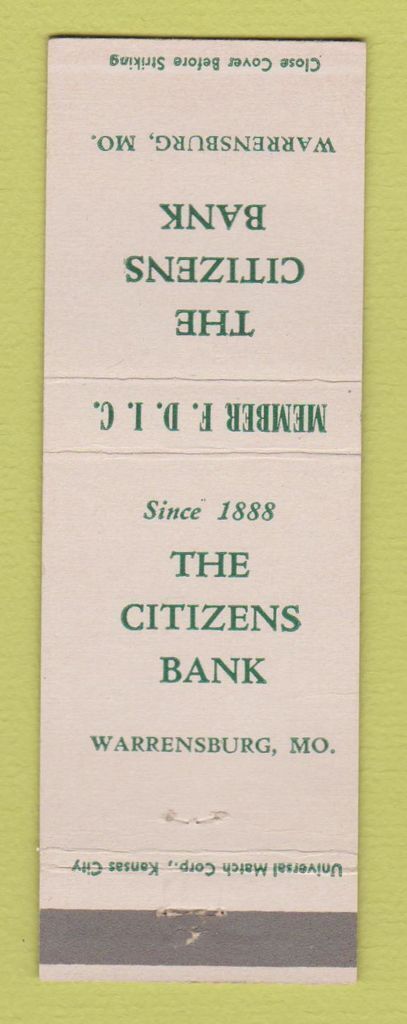 Matchbook Cover - Citizens Bank Warrensburg MO