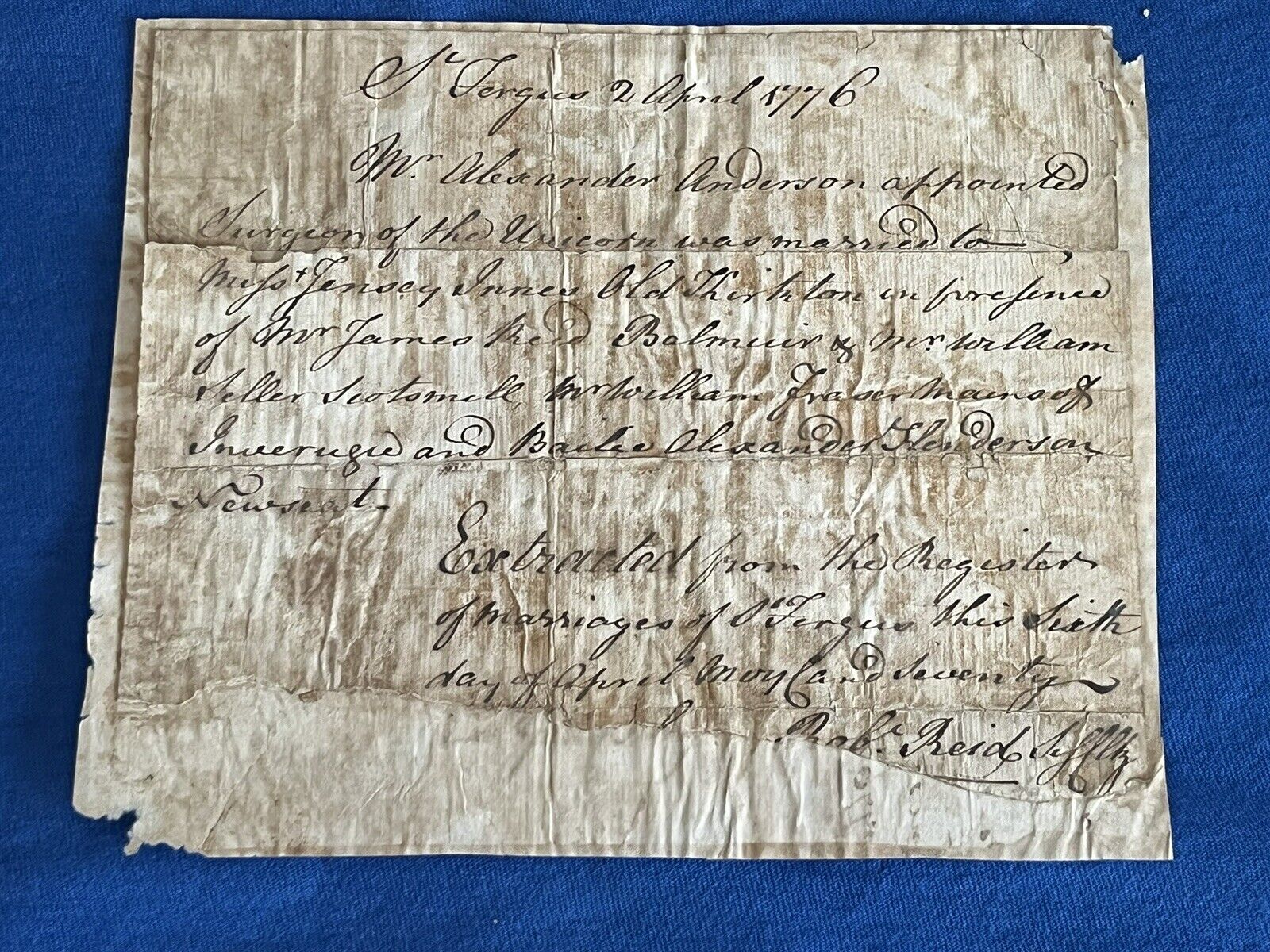Antique Marriage Certificate 1776 Alexander Anderson Surgeon St Fergus Scotland 