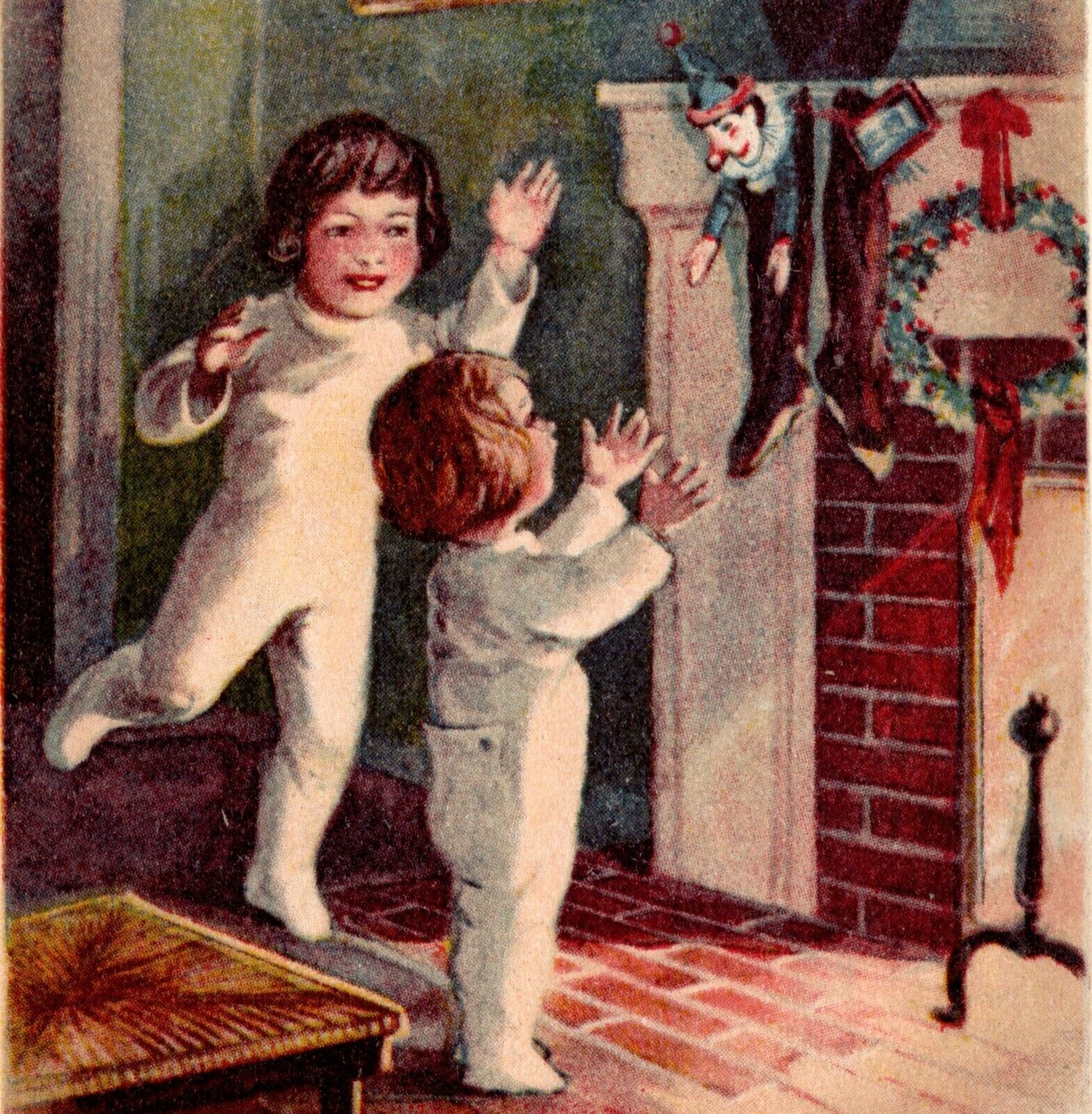 c1926 Postcard Christmas Children Stockings Fireplace Christmas Seal Winch Back