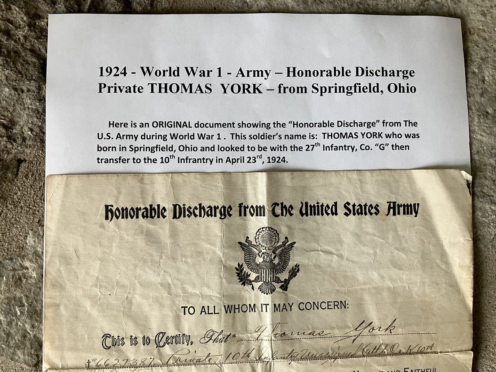 1924 - WW1 - HONORABLE DISCHARGE - Private THOMAS YORK from Springfield, OH