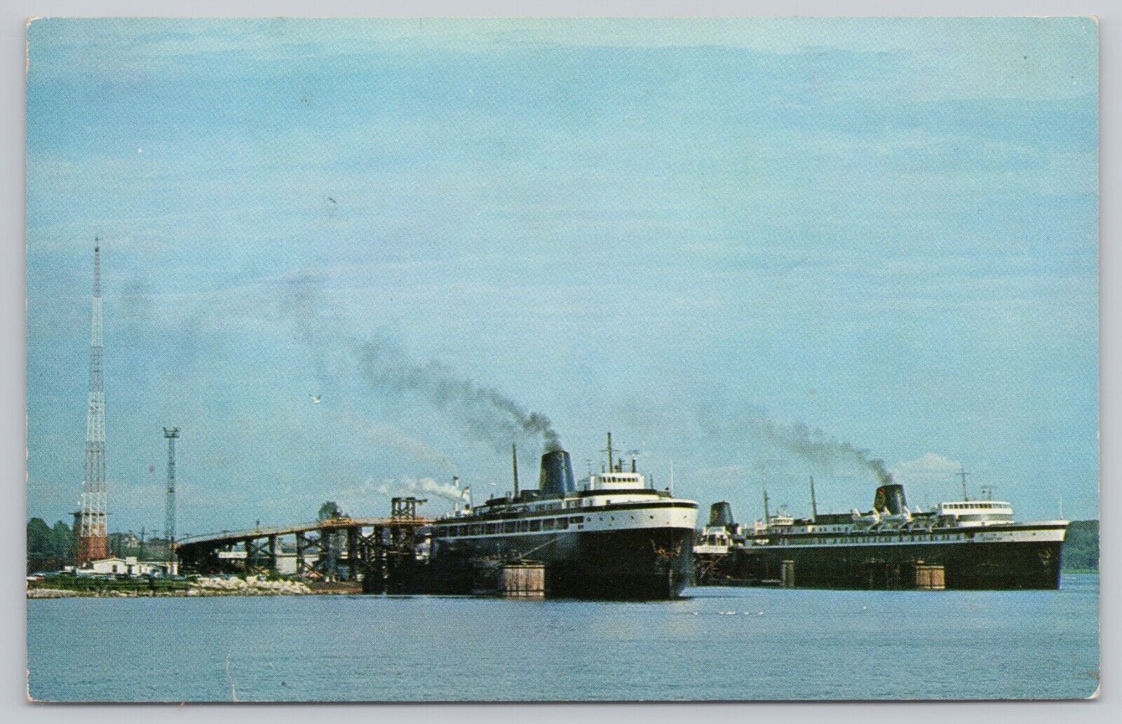 Ludington Michigan, Large Ships at Dock in Harbor, Vintage Postcard