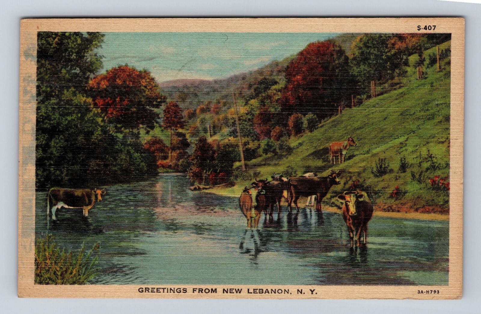 New Lebanon NY-New York, General Greeting, Cows in Stream Vintage c1948 Postcard