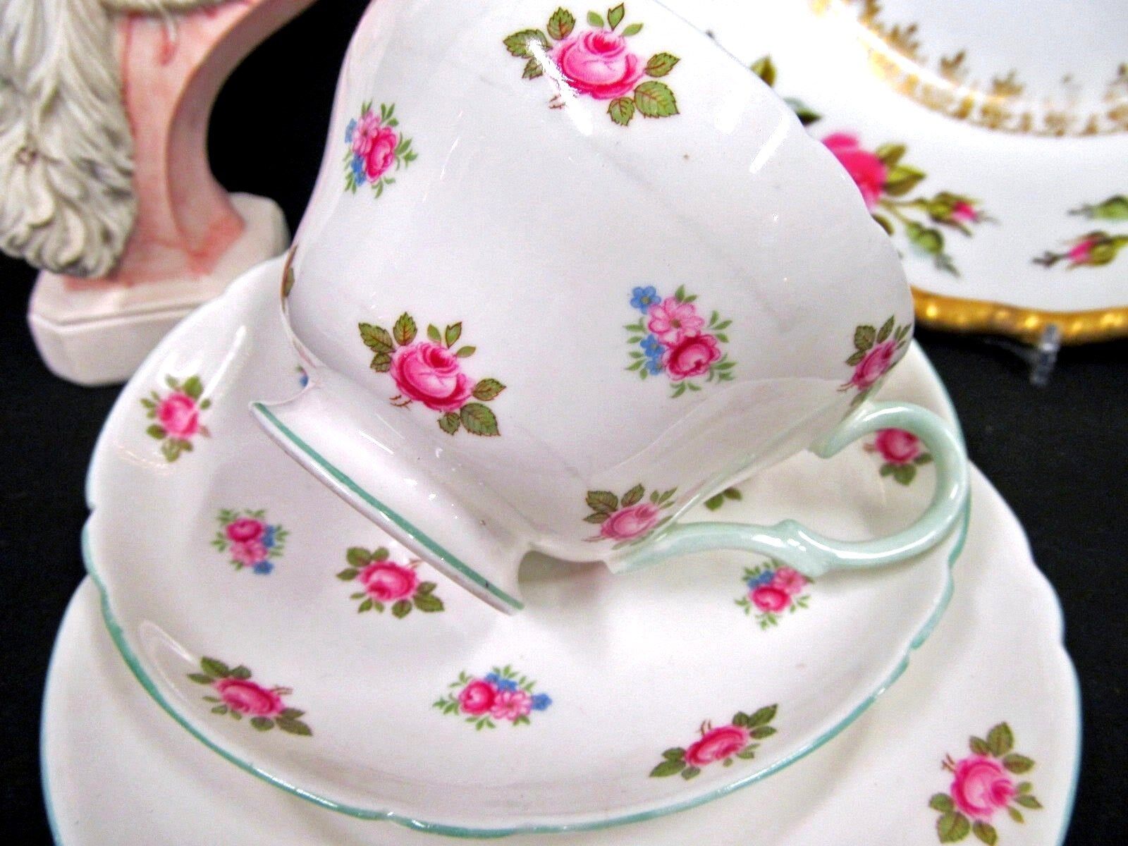 SHELLEY TEA CUP AND SAUCER TRIO ROSEBUD PATTERN TEACUP SET PINK ROSES 