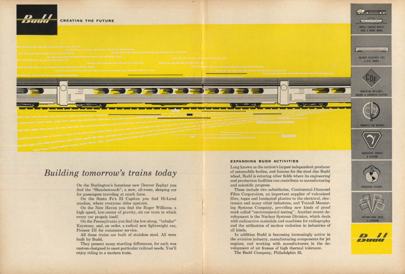 Building tomorrow\'s trains today Budd Railroad Passenger Cars ad 1957 NW