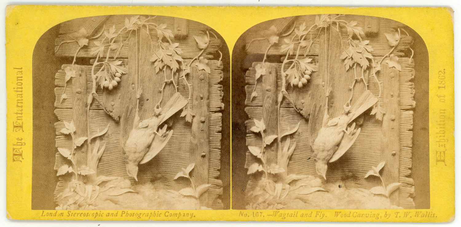 Stereo, London, the international exhibition 1862, wagtail and fly, wood carving
