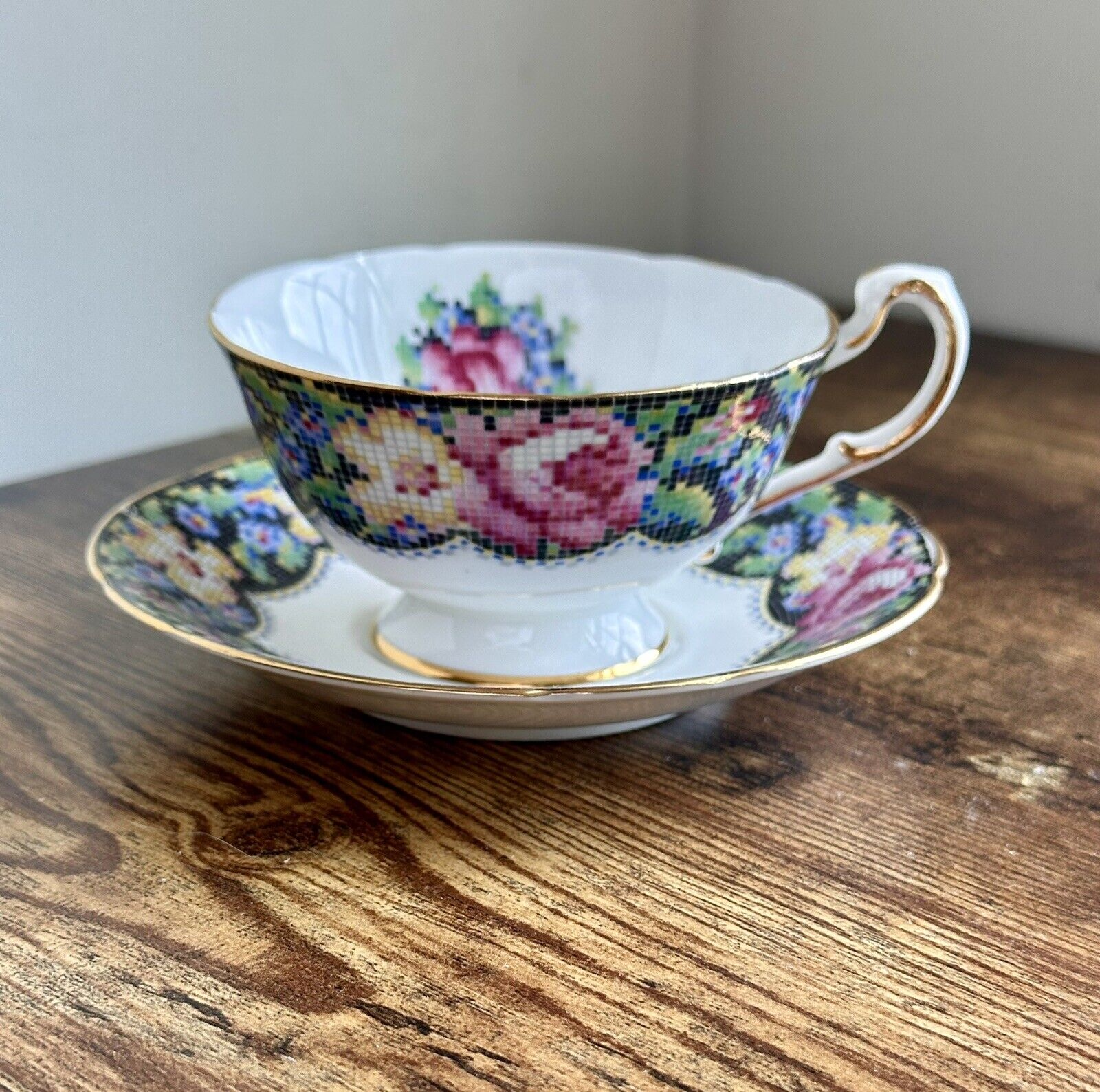 Vintage Paragon Teacup and Saucer - Gingham Rose Needlepoint Chintz China