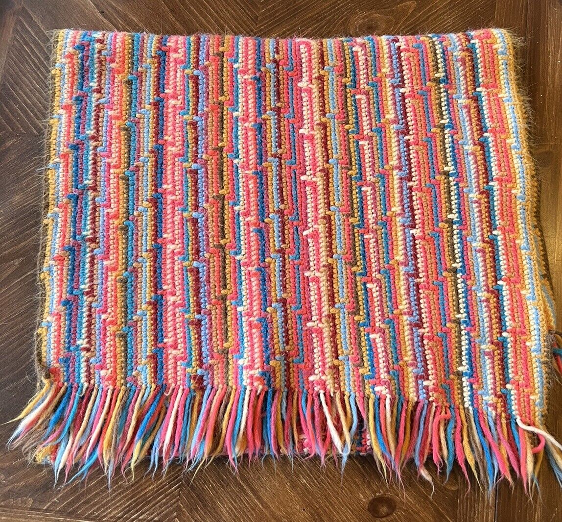 Vintage Grandma's Handmade Knit 1970s Groovy Table Dresser Runner Multicolor