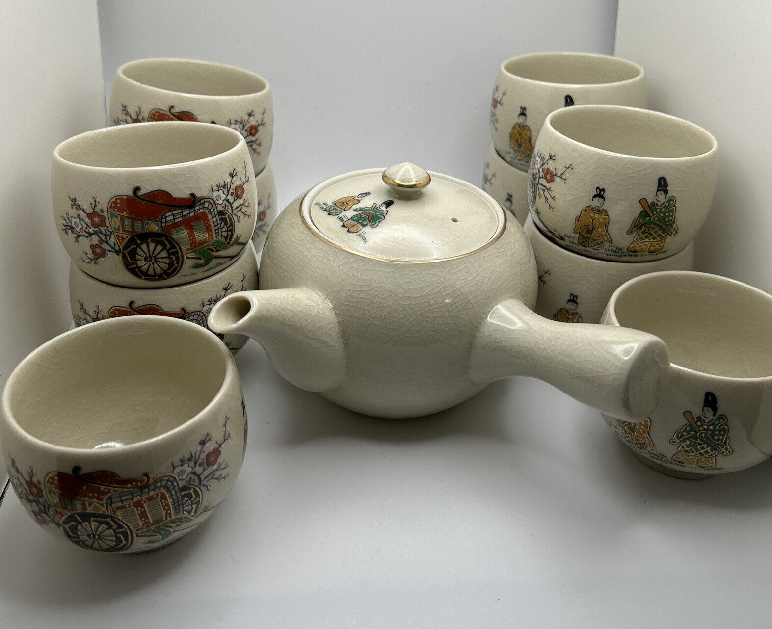 Gorgeous Set Of 10 Gold Guilded Asian Style Teacups and teapot/ Tea Set Server
