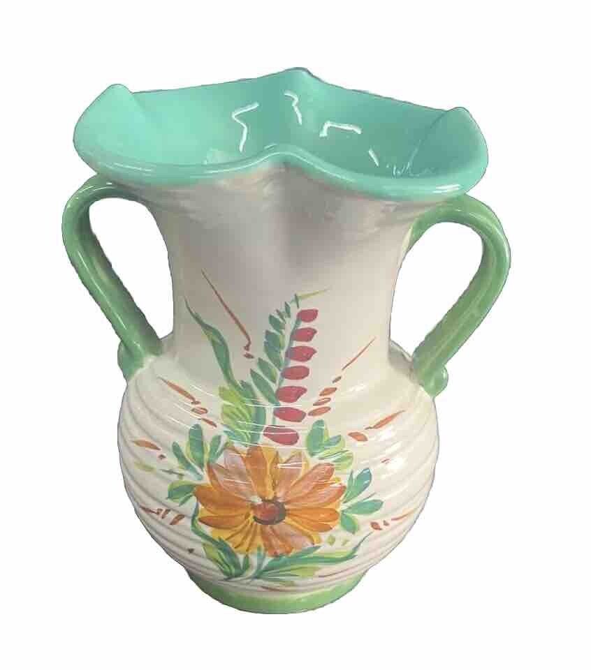 Vintage Vanro Italy Hand Painted Floral Vase Double Handled