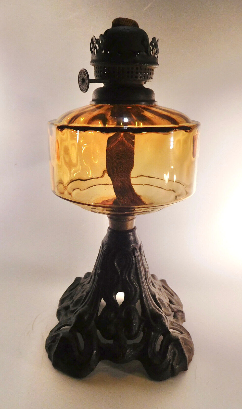 c1900 English Amber Glass Diamond Optic Oil Lamp w/ Art Nouveau Cast Iron Base