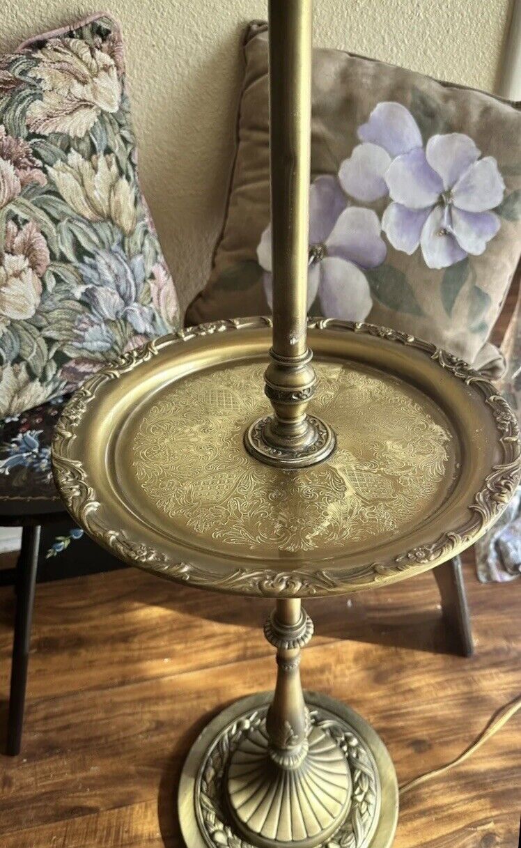 Vintage Brass Floor Lamp With Etched Antique Tray Table From The Stiffel Co.
