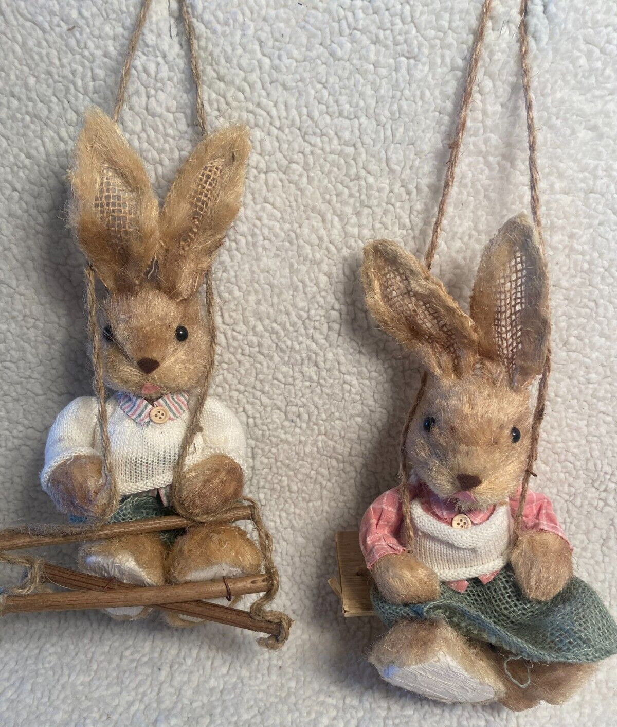 Pair Rustic Bunny Rabbits on Twig Swings Easter Holiday Unique