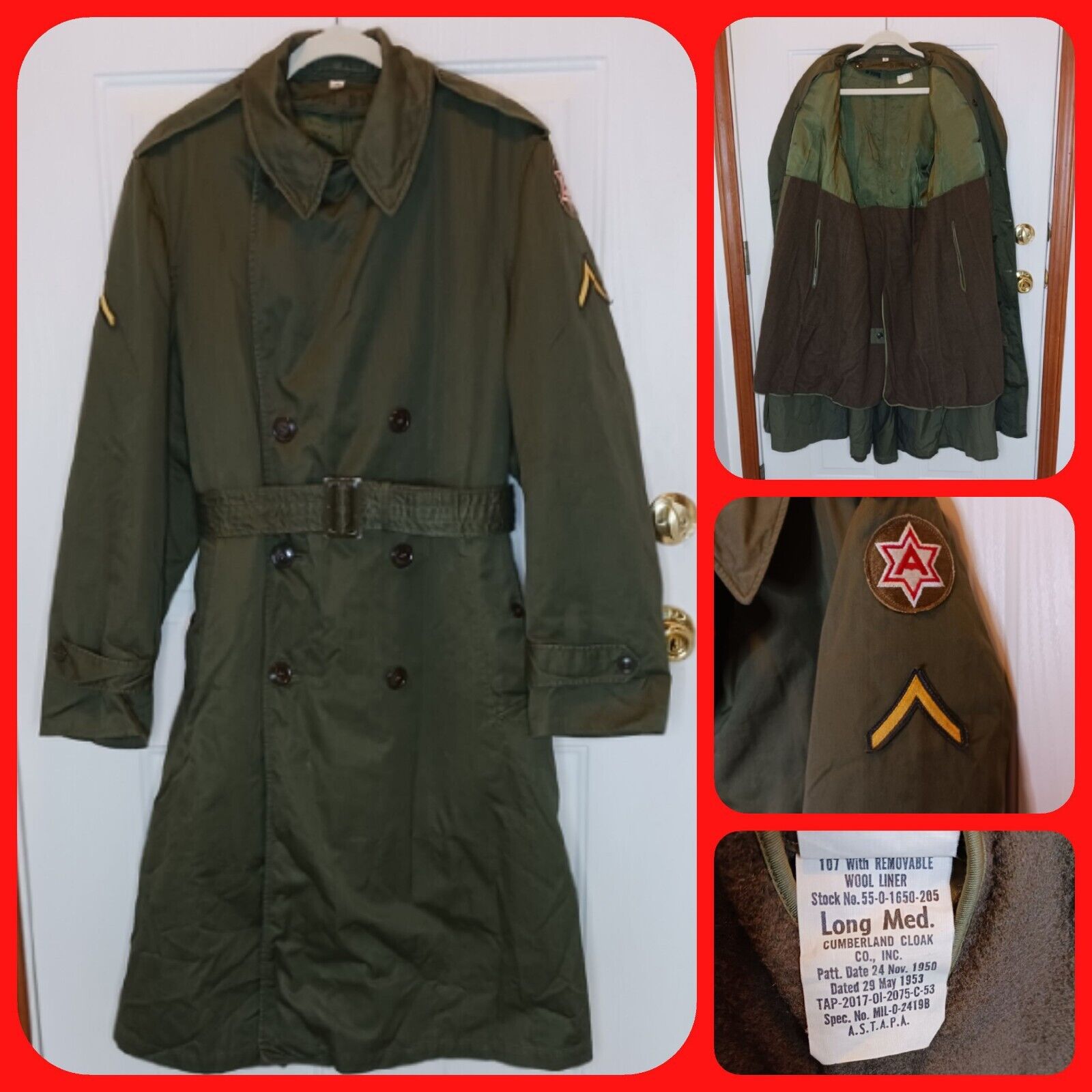WWII US Military 6th Army Field Trench Coat Green Long Medium Wool Lined D9981