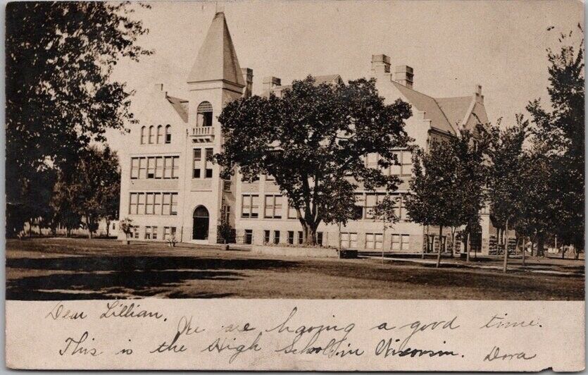 1906 PORTAGE, Wisconsin RPPC Real Photo Postcard HIGH SCHOOL Building View