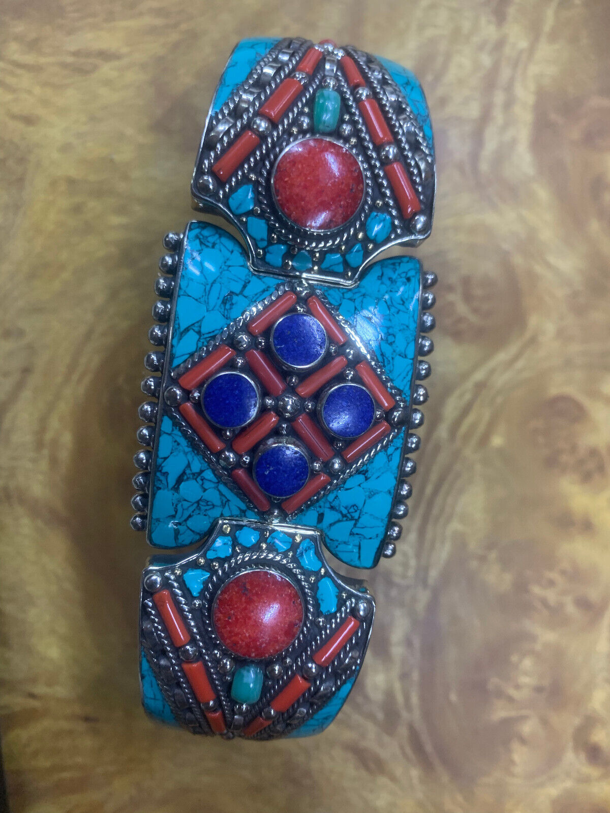 WOW Large Hand Made Tibetan Copper Inlay Turquoise & Red Coral Bangle