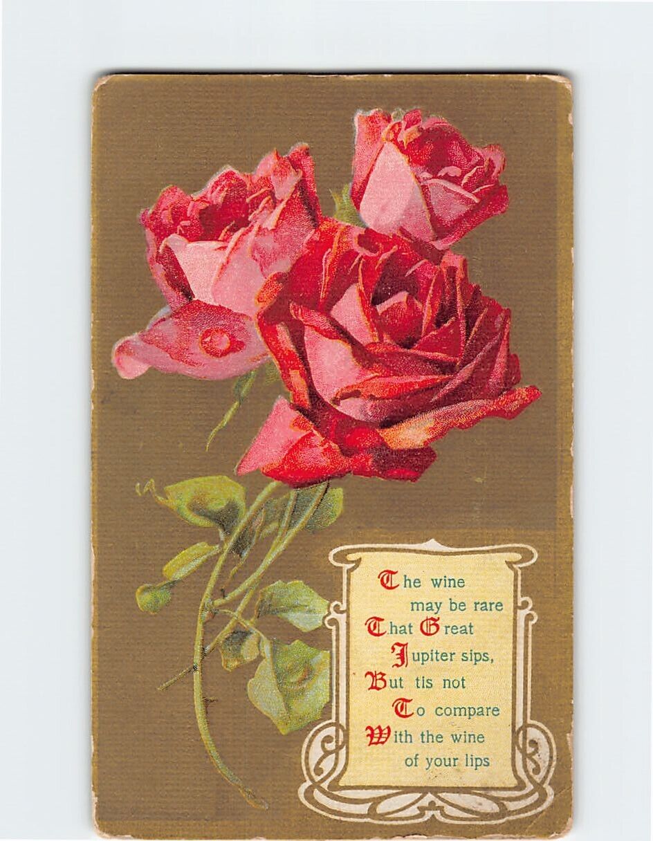Postcard Red Roses Flower/Text Print