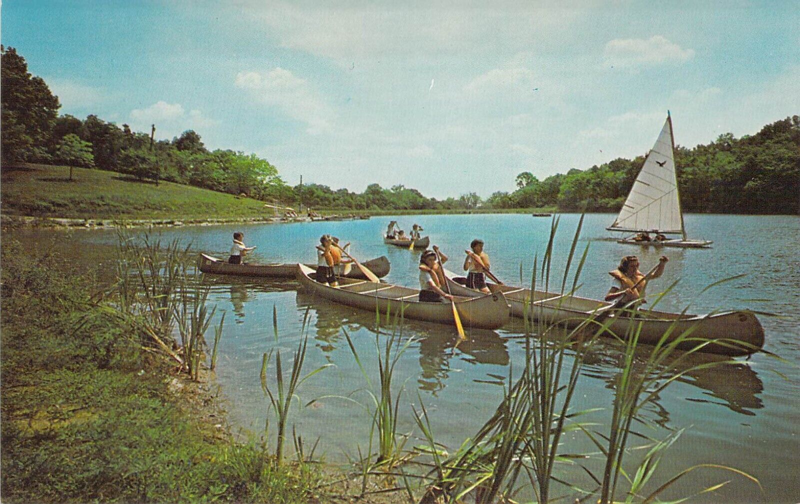 1964 OH Camp Ross Trails Girl Scout Camp Canoeing Lake  postcard A71