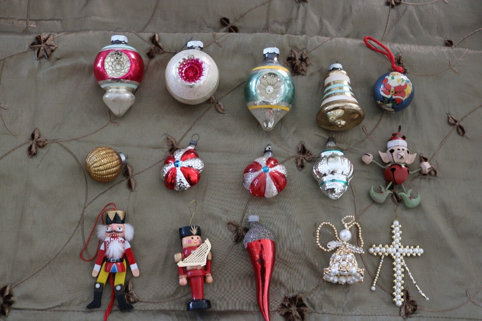 15 Vintage ornaments including shiney brites