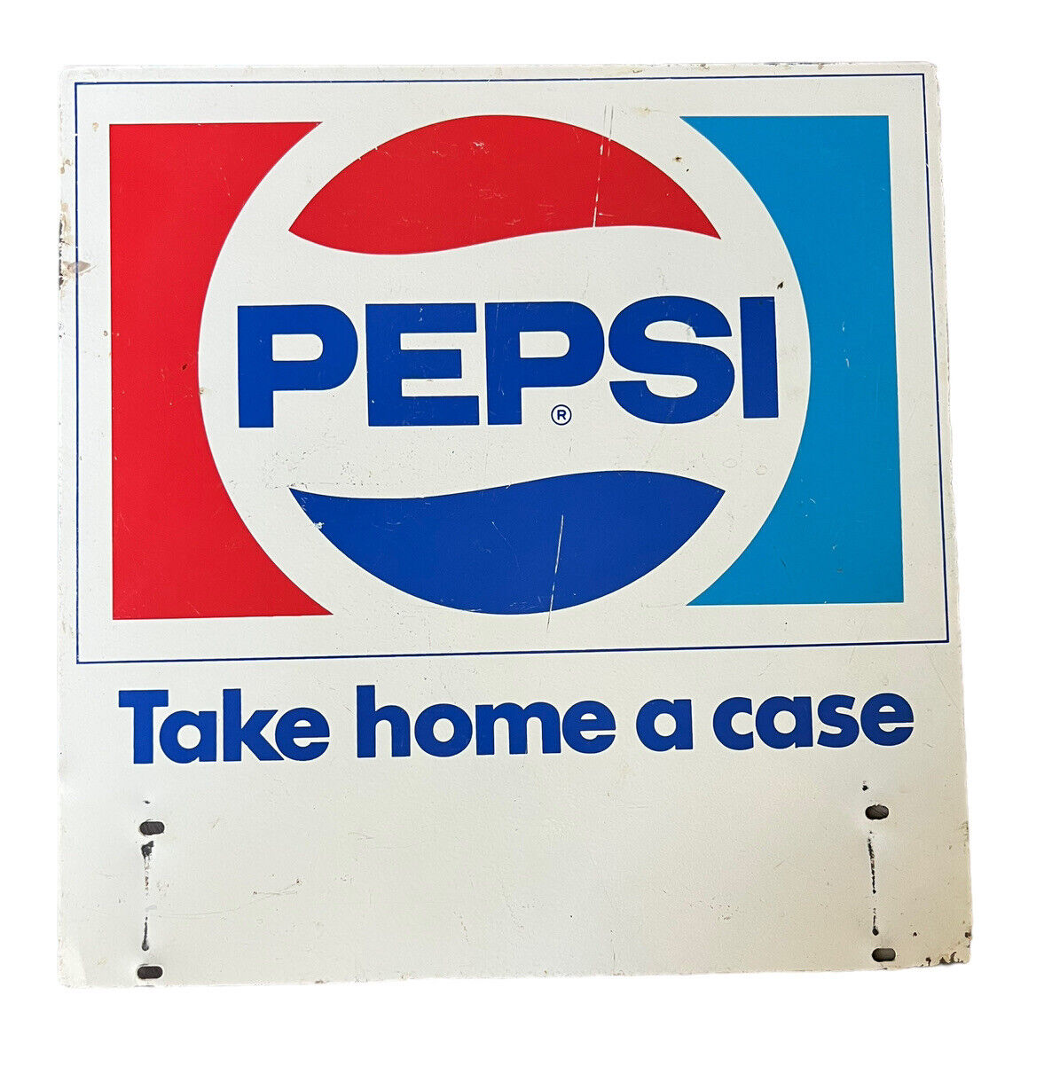 Large 1970\'s Pepsi Take Home a Case Double Sided Metal Sign 16 in x 16.5 in