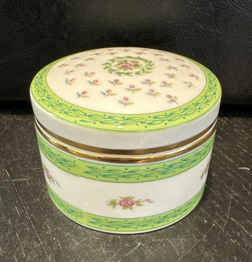 Vintage Lefton China Trinket Box For Lund’s Lites  *No Candle* Green Pink Roses