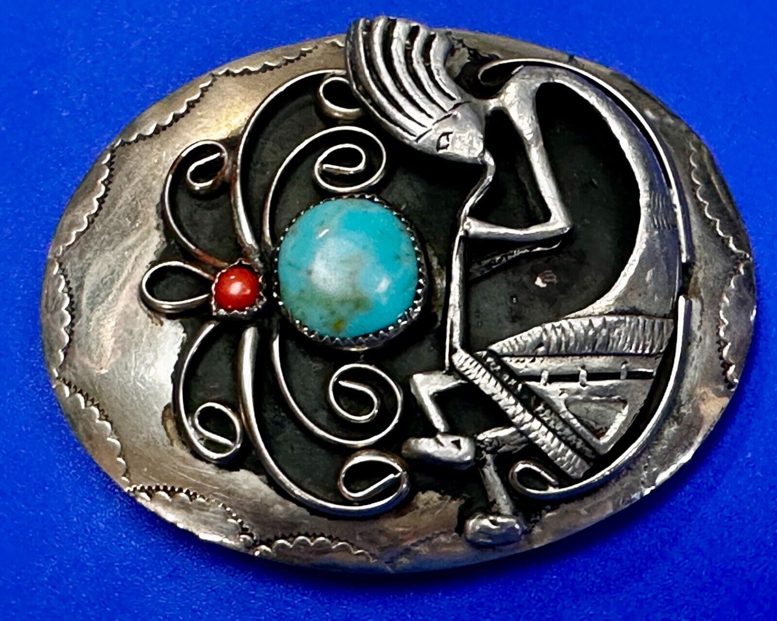 Kokopelli Humpbacked Flute Player Turquoise Coral Native Indian Art Belt Buckle