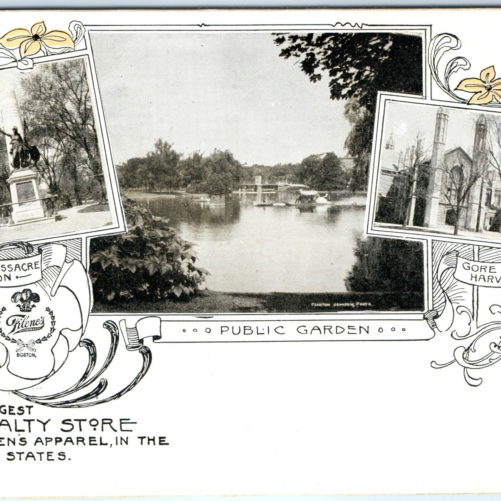 c1900s Boston, MA Massacre Common Gore Hall Filene\'s Advertising Postcard A52