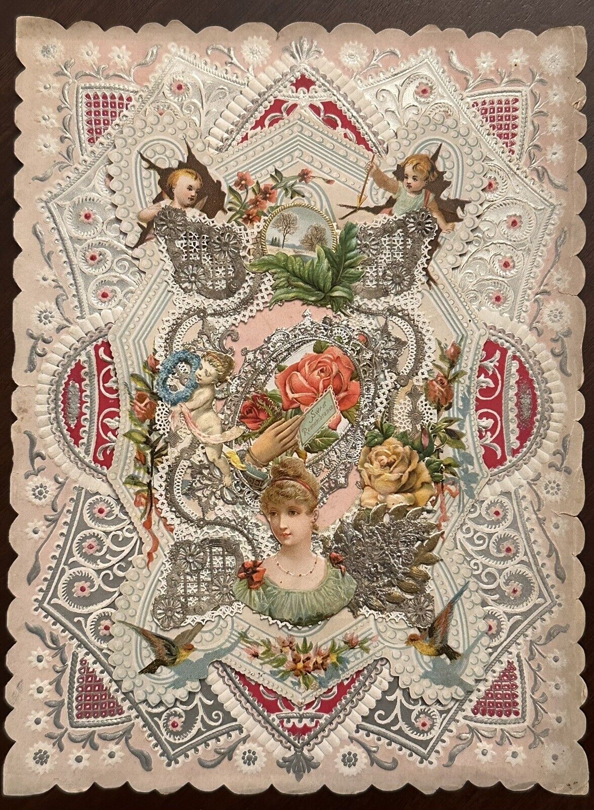 1890’s Large “Sweet Remembrance” Layered Victorian Die Cut Card Unused