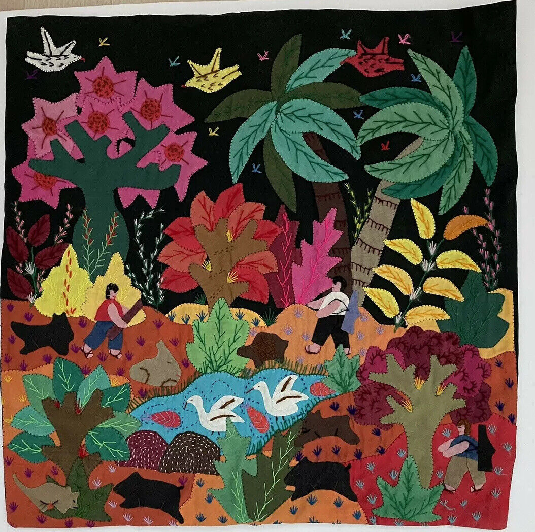 Appliqué Quilt Pillow Case Folk Art Peruvian Story by Sonia Montero 17”x17” OOAK