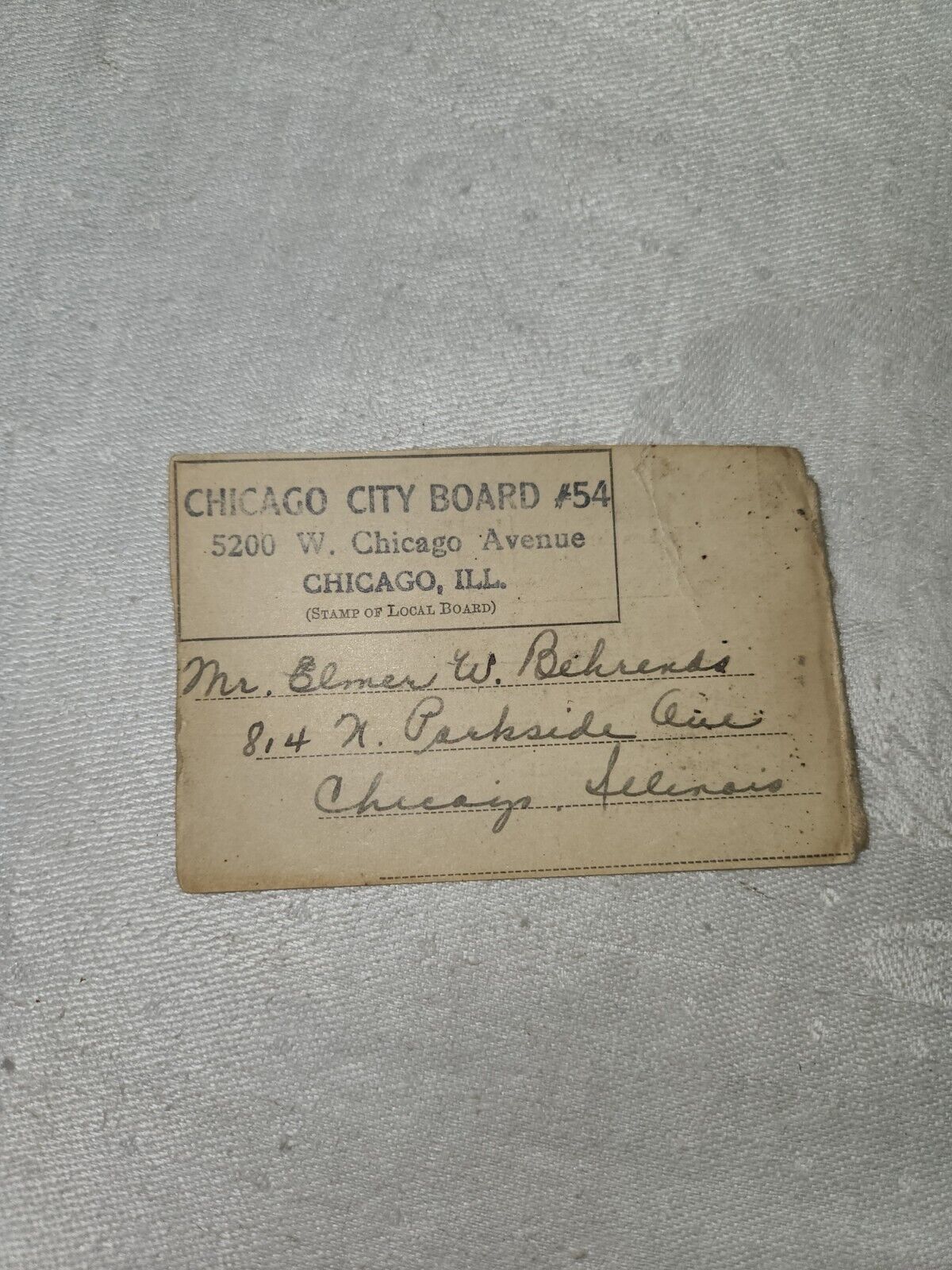 WWII 1941 Chicago Draft Notification Mr. Elmer W. Behrends City Board #54
