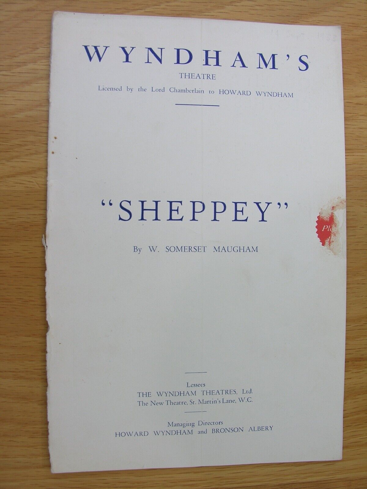 1933 SHEPPEY Somerset Maugham Ralph Richardson, Laura Cowie, Angela Baddeley