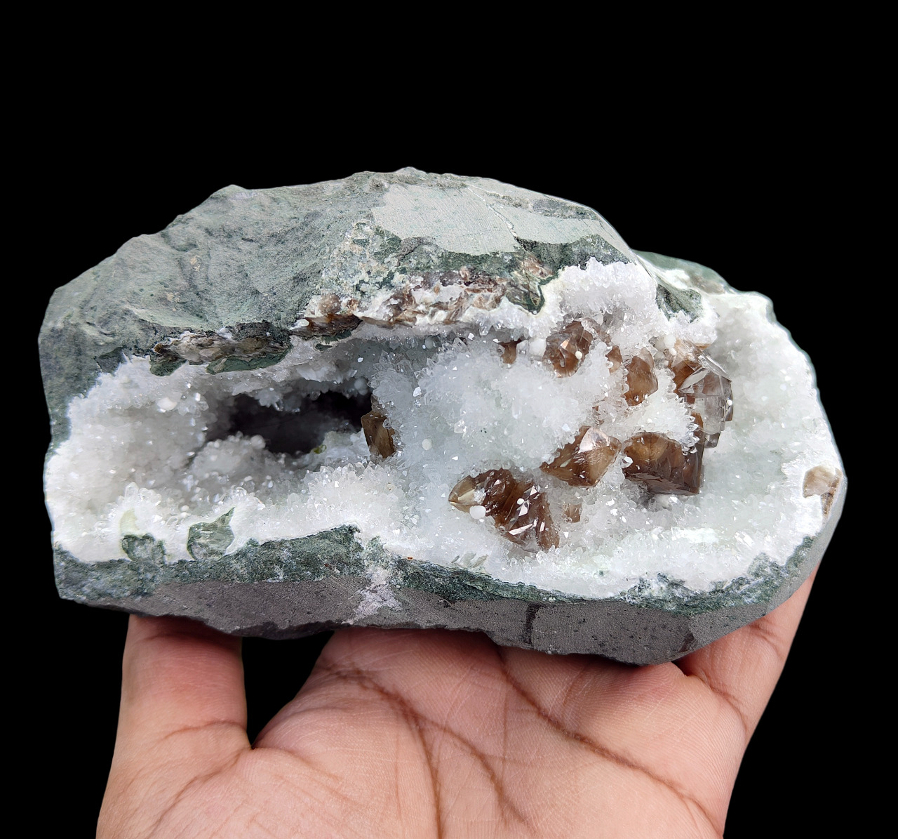 Very Rare Natural Calcite, Gyrolite & Quartz in Geode Mineral Specimen #E38