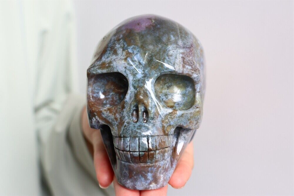 2.26LB Natural Moss Agate Skull Carved Quartz Crystal Skull Healing