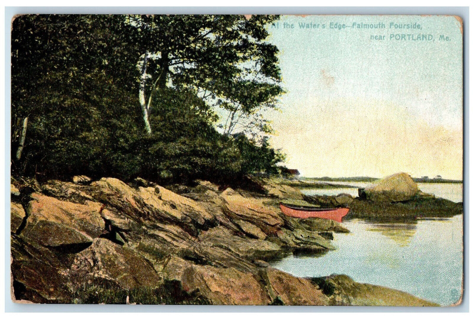 c1910 Boat At Water\'s Edge Falmouth Fourside Portland ME Raphotype Tuck Postcard