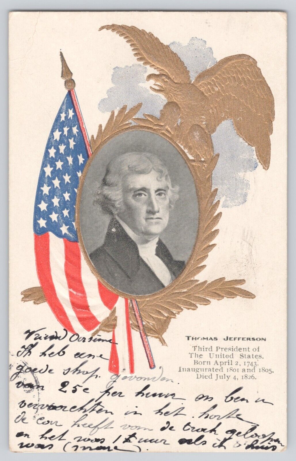 Postcard United States President Thomas Jefferson Patriotic Eagle Flag Antique