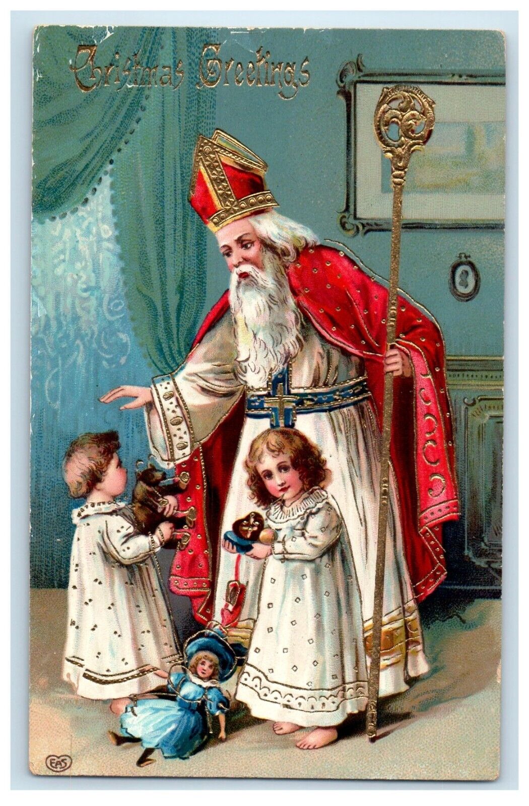 c1910 Christmas White Robe Old World Saint Santa Gel Gold Gilt Children Postcard