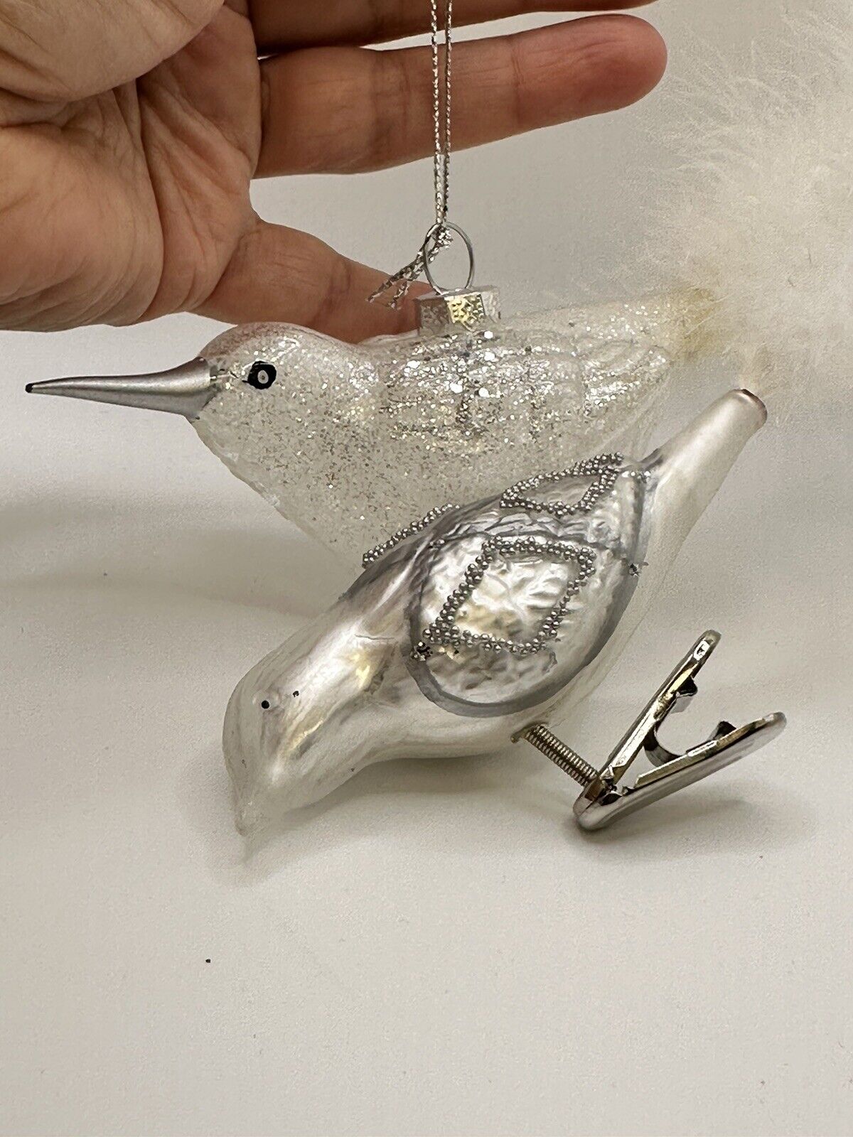 Vintage Glass Silver White  Bird Feather Ornaments