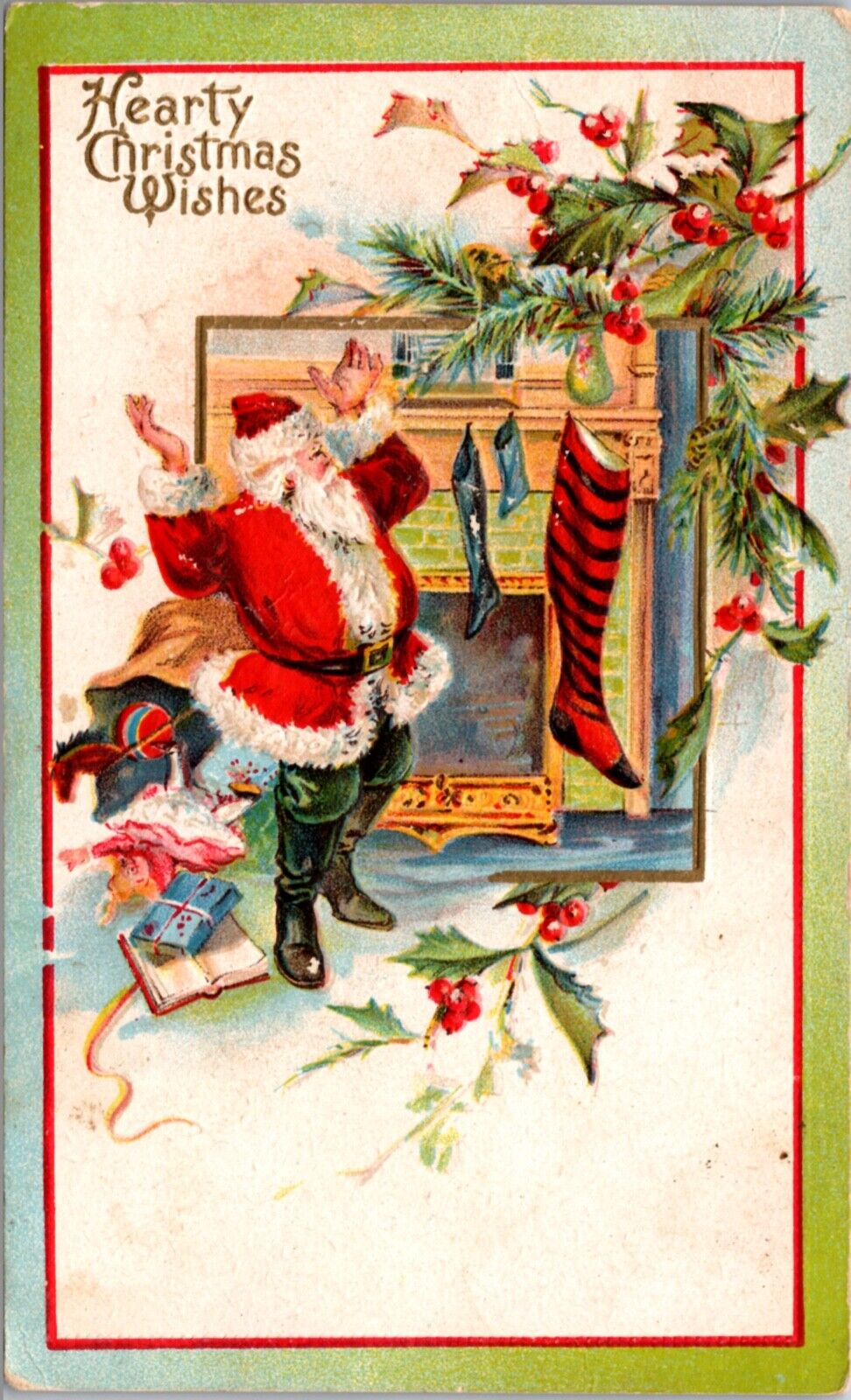 Christmas Postcard Santa Claus Shocked Seeing Giant Stocking Hung at Fireplace
