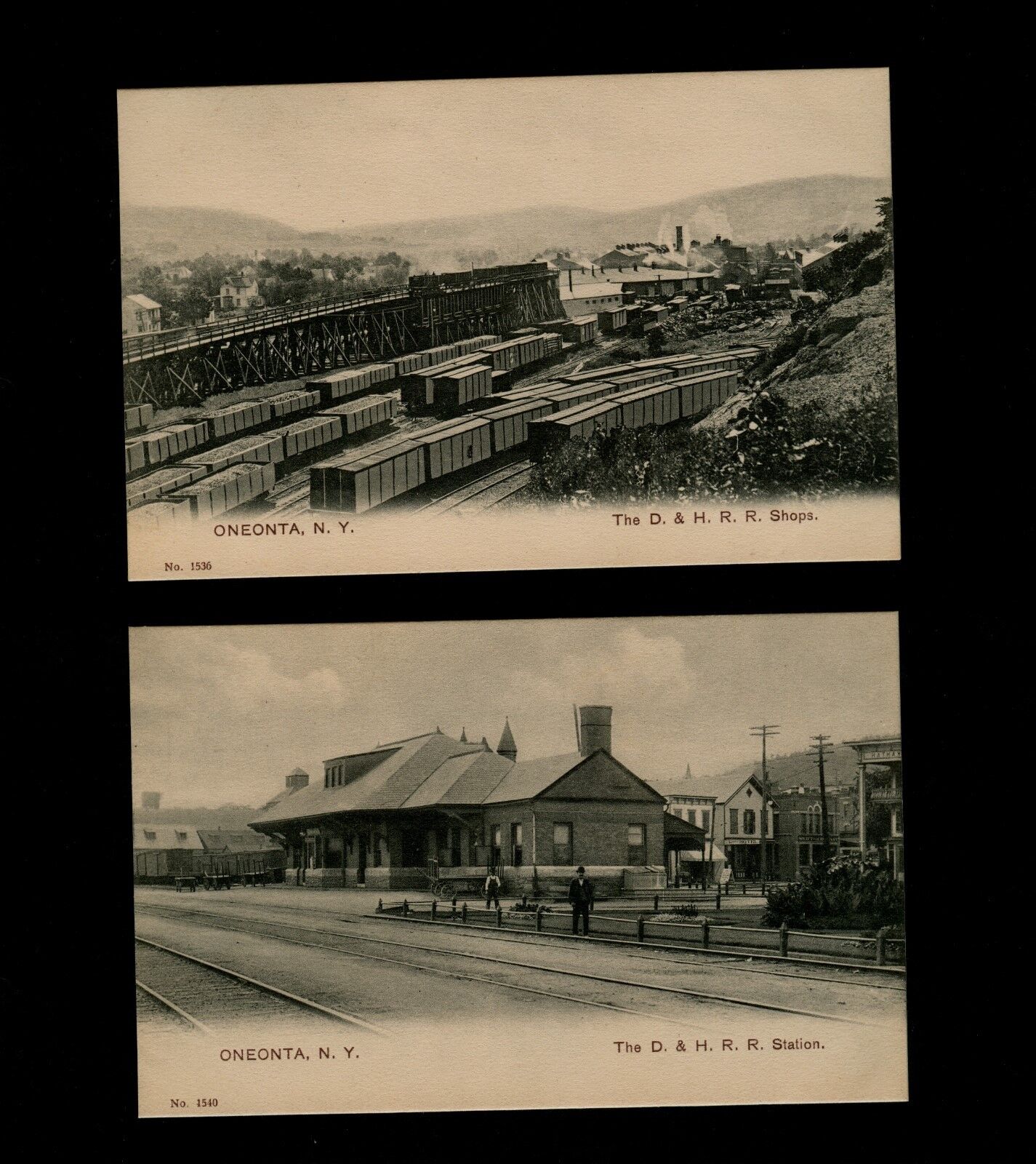 TWO Oneonta NY ca1908 postcards - Delaware & Hudson Rail Road Station & Shops J6