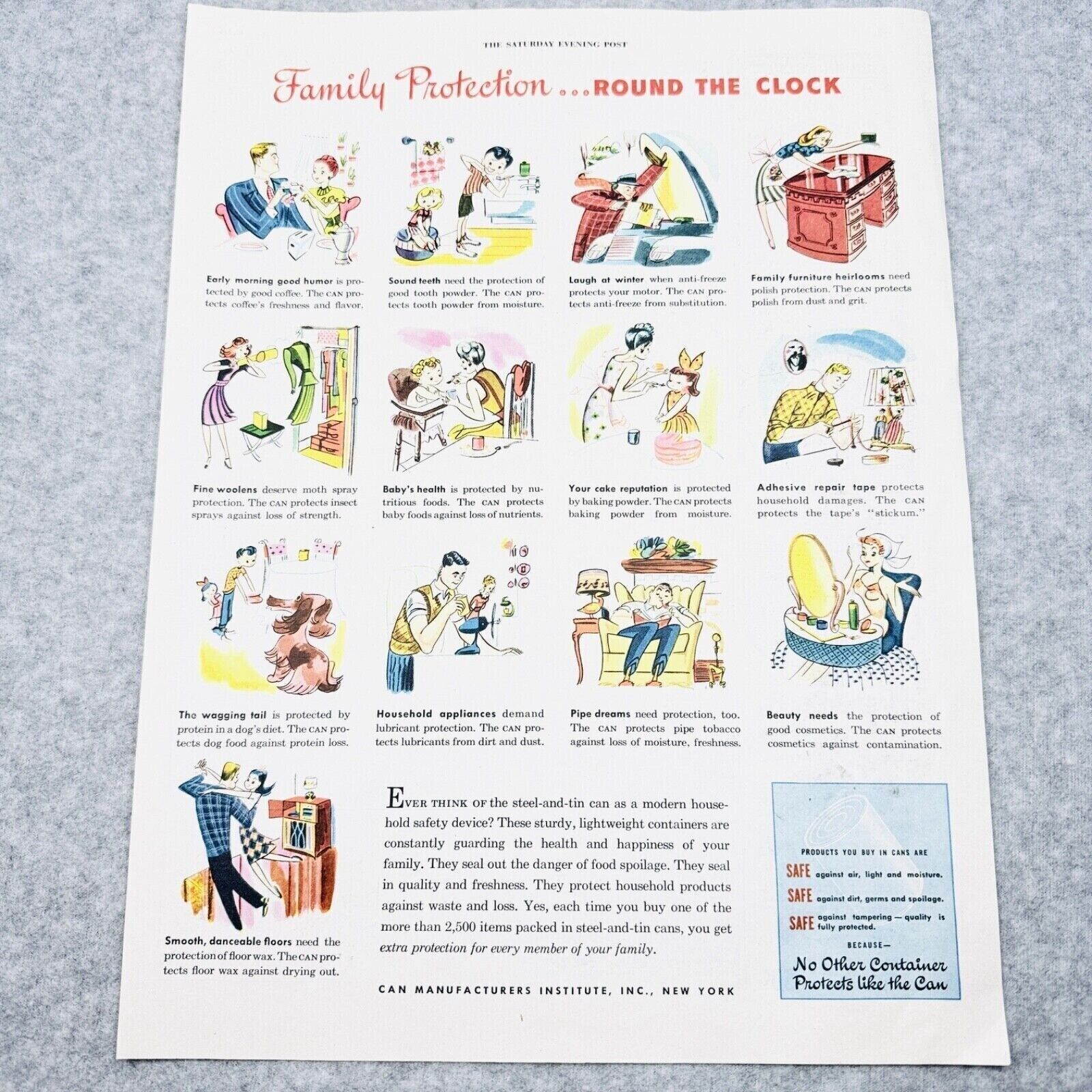 1947 Can Manufacturers Institute Family Protection Safety Vintage Color Print Ad