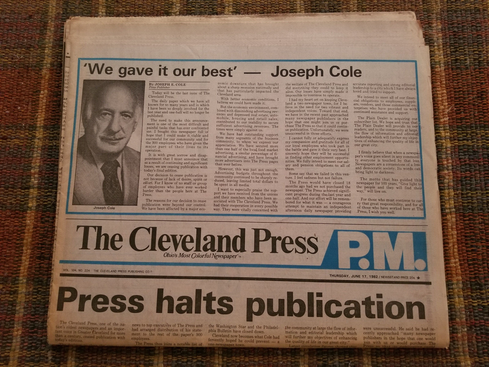 THE CLEVELAND PRESS NEWSPAPER HALTS PUBLICATION - FINAL EDITION - JUNE 17, 1982
