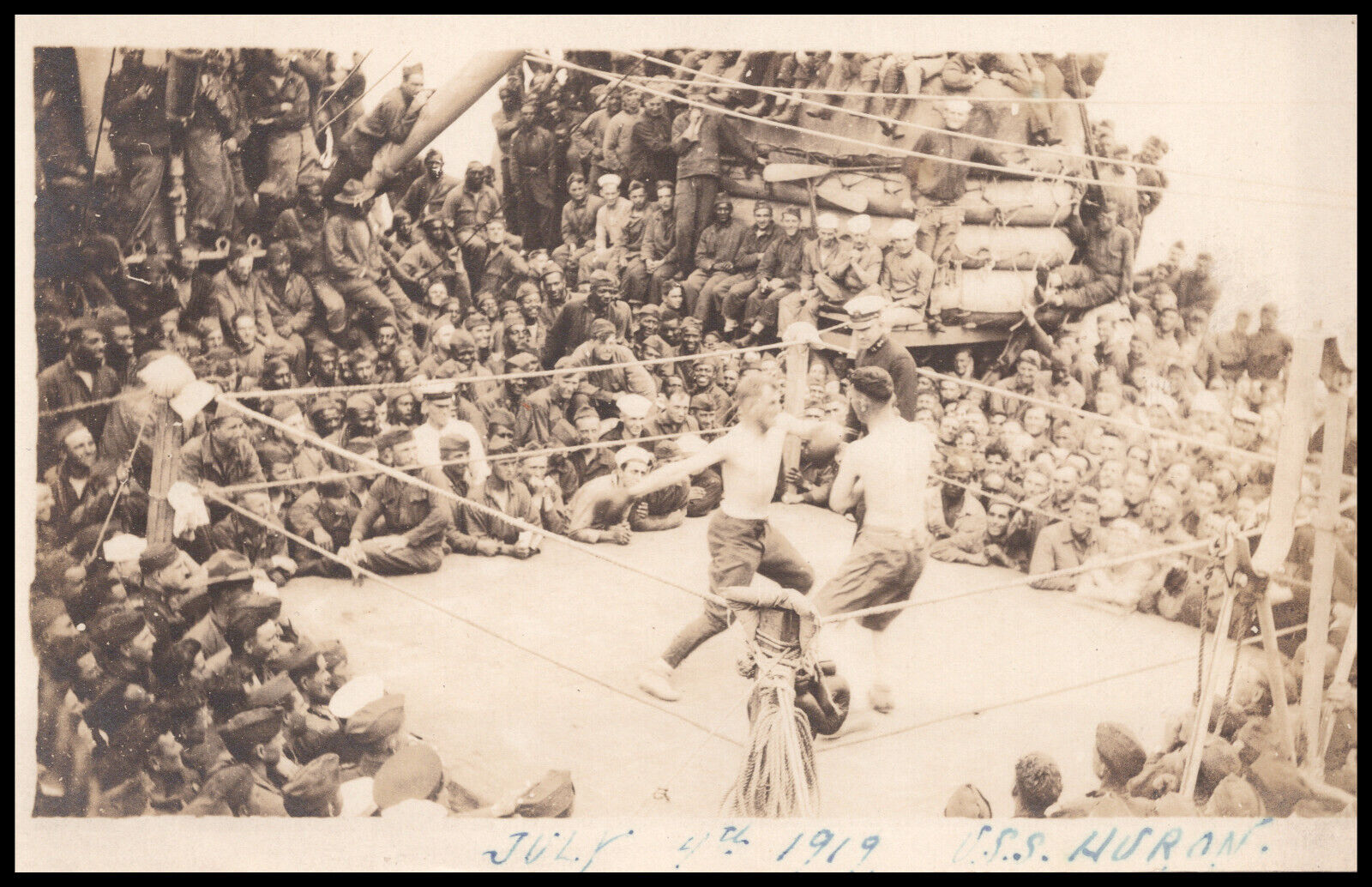 INTEGRATED US NAVY Troops, USS Huron ID-1408, Boxing, 4 July 1919, Postcard RPPC