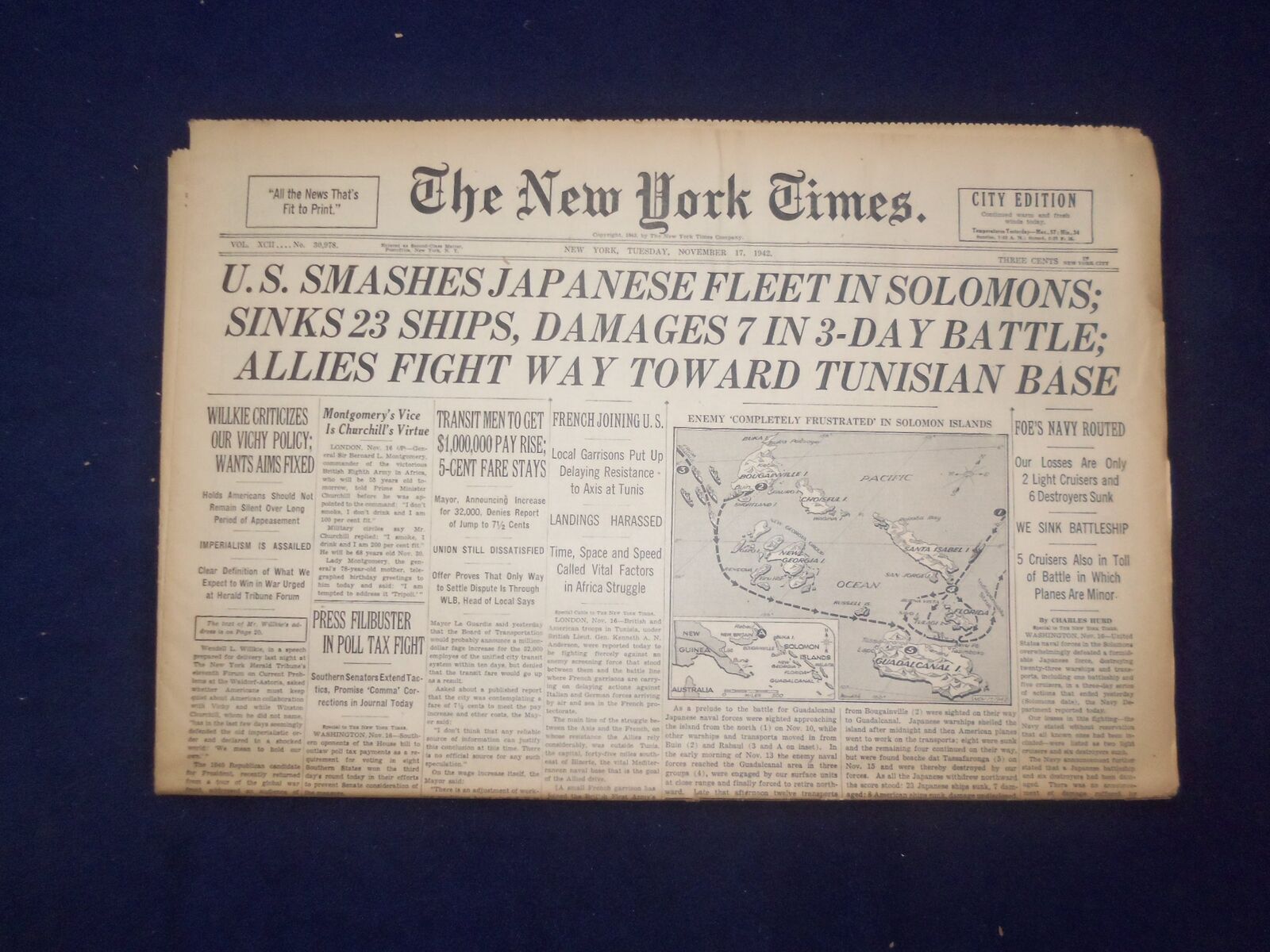 1942 NOV 17 NEW YORK TIMES - U.S. SMASHES JAPANESE FLEET IN SOLOMONS - NP 6518